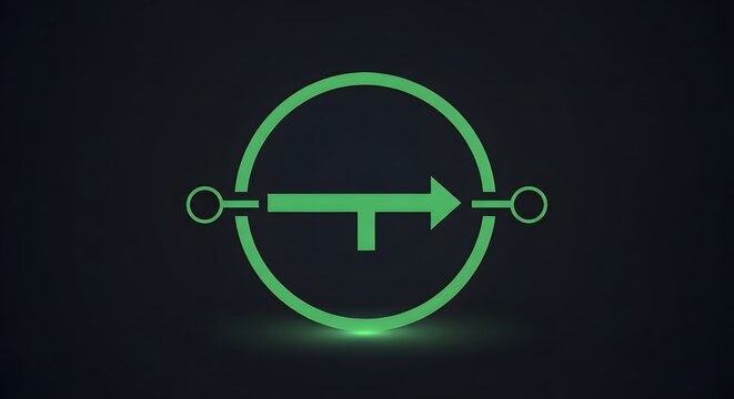A glowing green electronic symbol of an attenuator inside a circle on a dark background