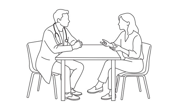 Doctor consultation line art illustration with patient discussion