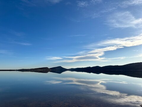 Serene mountain lake with mirror reflection under blue sky
