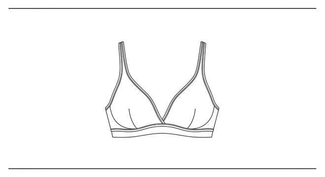 Minimalist technical drawing of a comfortable women's bralette outline design for intimate apparel