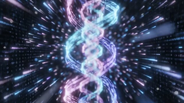 Abstract DNA helix with glowing particles and binary code background