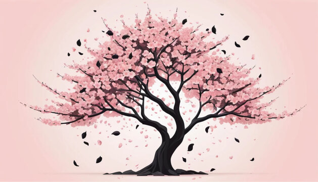 Pink Cherry Blossom Tree, Blossoming Sakura, Floral Vector Illustration, Spring Nature Icon
