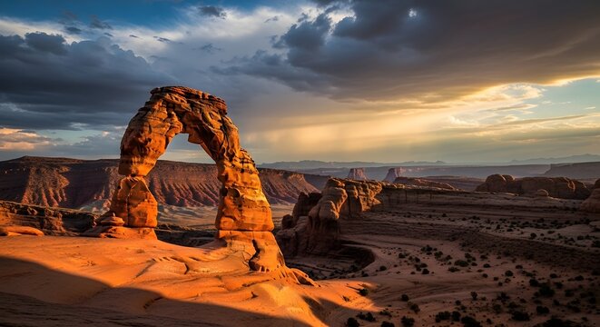 Majestic natural rock arch standing against a dramatic sunset sky with sweeping clouds and golden light over a canyon landscape