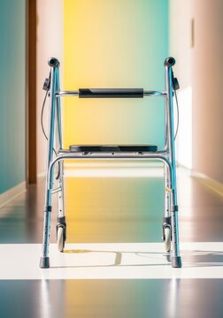 A polished silver metal walker stands symmetrically in a bright hallway, featuring ergonomic handles and durable rubber tips on a smooth floor, rubber, aluminum, assistance
