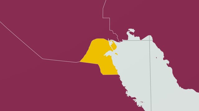 Kuwait map. Animated zoom into the country on the Globe in Pale Mint Dark Pink color palette. Country logo animation with round text and airplanes. Map with meridians, parallels. Alive video.