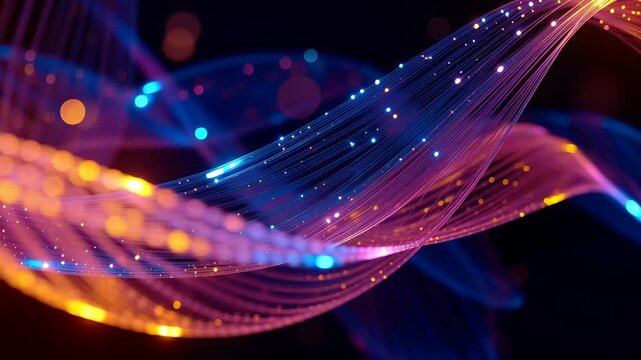 Vibrant abstract light wave neon ribbon colorful glowing fiber optic wave with bokeh lights dynamic