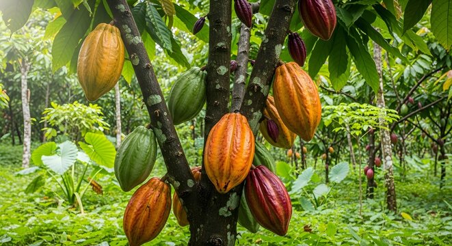 Multiple colorful cocoa pods in shades of green yellow and red hanging from the branches of a tree in a plantation