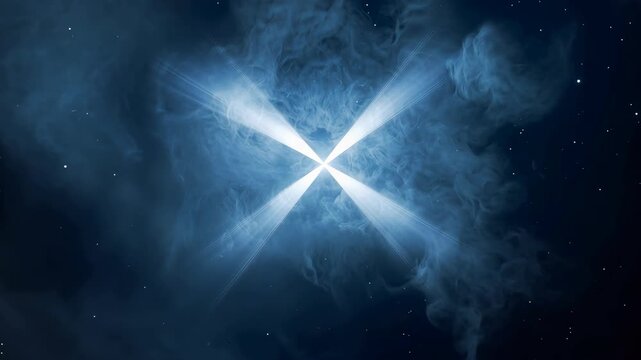 Radiant blue pulsar beams piercing cosmic nebula with bright starburst beams and distant stars