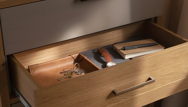 Organized wooden dresser drawer partially open revealing personal items including keys in a leather tray a watch and a notebook for morning routine