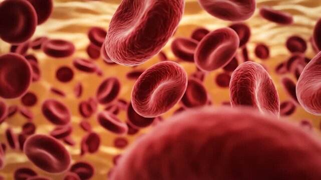 Close-up of red blood cells flowing through a blood vessel, microscopic view