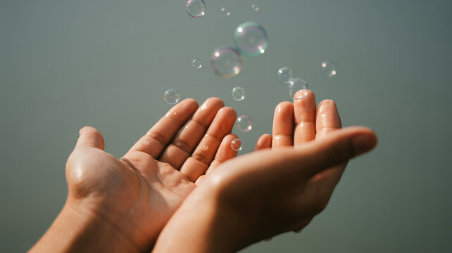 Hands catching bubbles in front of gray background palms fingers