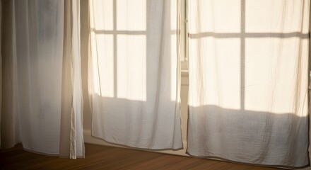 Fototapeta premium White linen sheets hanging to dry indoors in front of a large window with soft sunlight casting shadows of the window frame
