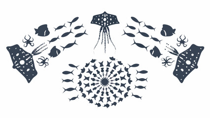 Stylized illustration of manta rays fish and octopus in deep blue tones © MihirKumarMondal