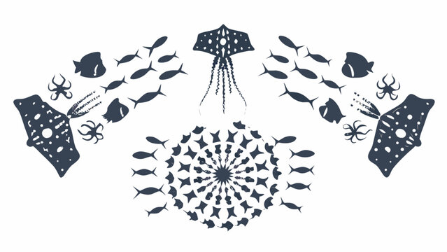 Stylized illustration of manta rays fish and octopus in deep blue tones