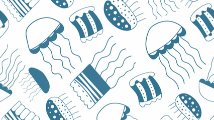 Blue jellyfish pattern on a white background seamless and whimsical design © MihirKumarMondal
