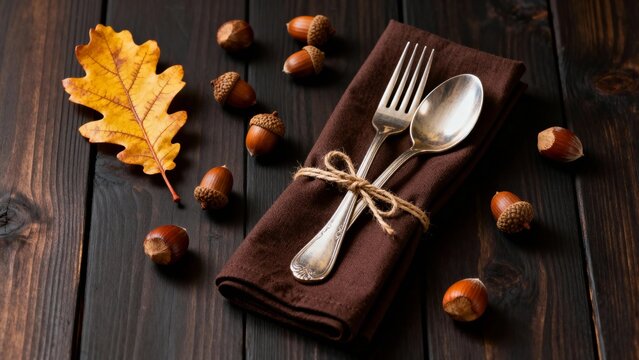 Autumn-themed table setting with silverware, acorns, and a leaf on a wooden surface