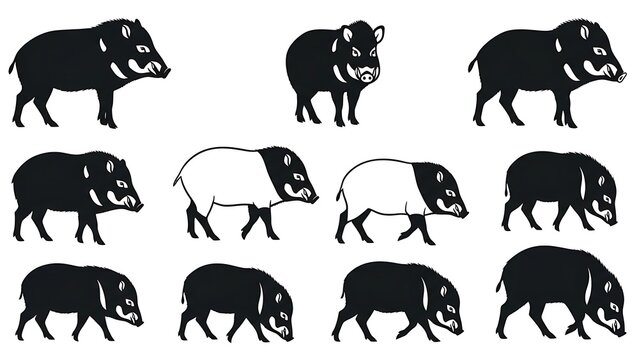 Collection of Peccary Silhouettes Various Poses and Colors.