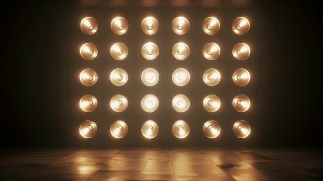 A grid of illuminated spotlights shines down on a wooden stage.