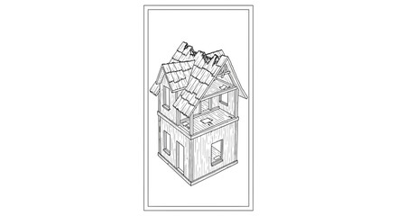 Fototapeta premium Detailed line art illustration of a deconstructed two-story house showing internal structure and