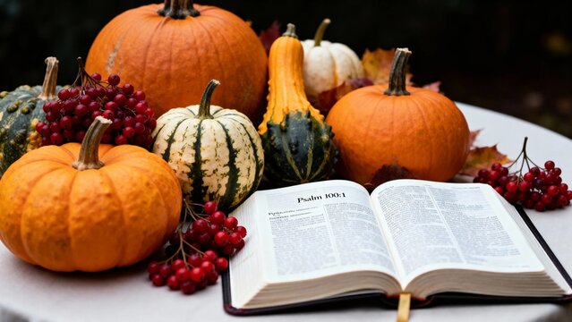 Open Bible with Psalm 100 surrounded by pumpkins, gourds, and berries on a table