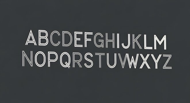 A set of modern and minimal alphabet letters designed with double lines on a dark grey background