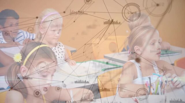 Students writing classwork animated network overlay sweeping above desks, camera shifting rightward