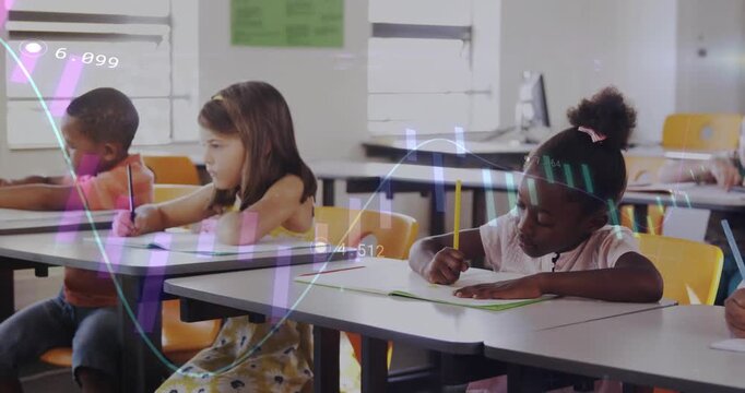 Animated data graphics appearing, three students writing to finish workbook while camera panning
