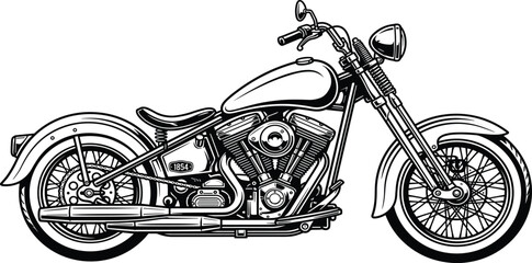 Classic motorcycle vector illustration, black and white chopper bike, vintage transport sketch, isolated engine design, custom cruiser drawing, retro ride. © RAFI