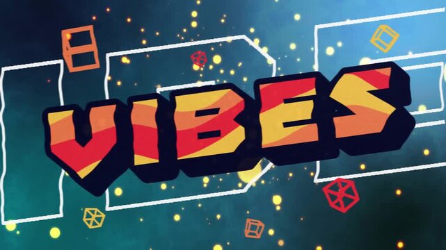 VIBES word appearing over nebula, spawning orbiting cubes and glowing particles for branding