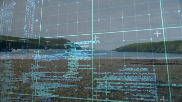 Vertical video: Pebbled cove HUD overlay starting, cyan grid streaming code and shifting for design
