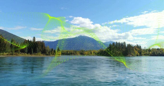 Gliding neon-green ribbon sweeping across calm lake at daylight, with mountain island, clouds, bird