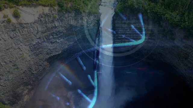 Vertical video: Frames initiating neon lines tracing waterfall, HUD forming EVIDENCE for geology