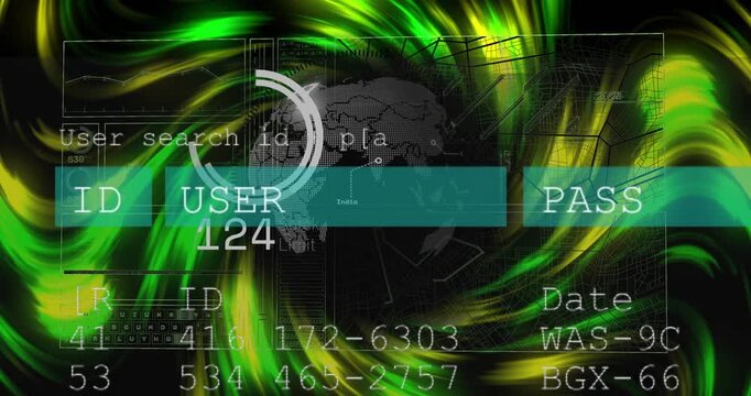 User-search HUD scanning globe on search input, cycling numbers, showing redacted data for security