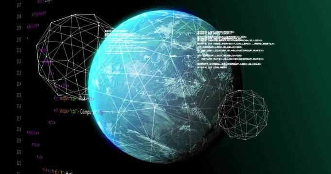 Stylized globe rotating in cyber view, code blocks scrolling from right, monitoring security