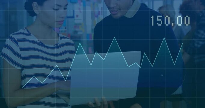 Colleagues scrolling and typing initiating finance overlay showing line chart and value for review