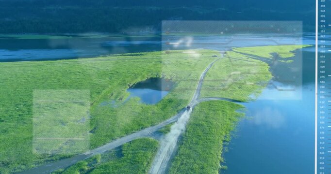 Aerial tracking marsh spit road, vehicle appearing triggers HUD showing pond and map marks for maps