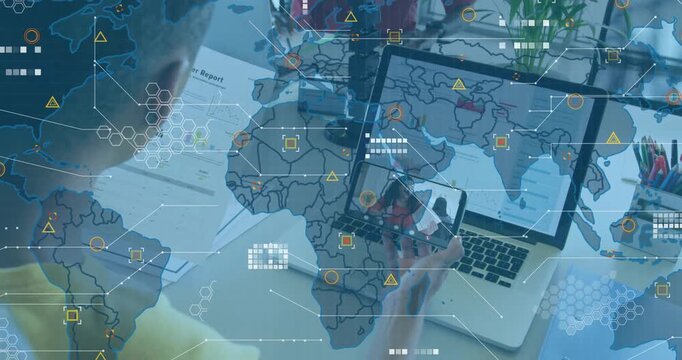 Woman holding phone starting call, viewing map charts, HUD overlays growing over desk for business