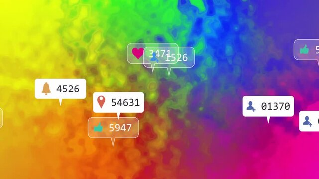 Alerts appearing right, drifting across rainbow with icons and counts, showing social buzz