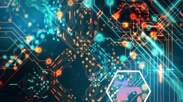 Pulsing light moving along teal traces, sparking bursts and revealing hex metrics for tech ops
