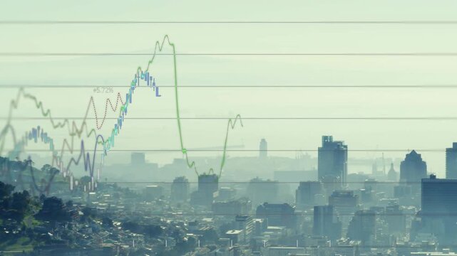 Faint grid appearing triggers colored data lines drawing across skyline, visualizing market trends