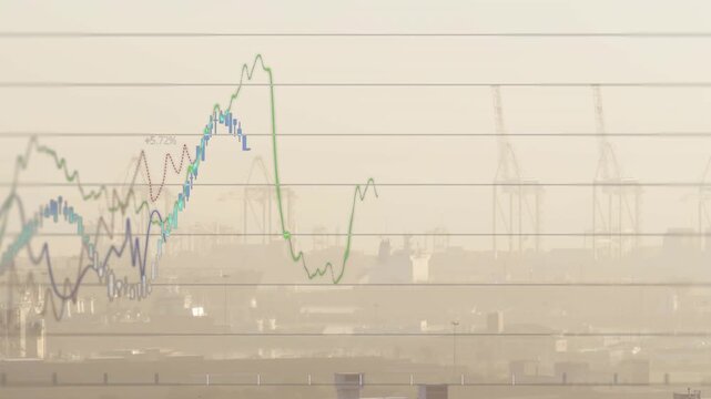 Animated line graphs following faint guides, emerging left, rising over cranes, showing port data
