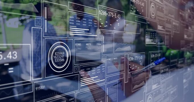 HUD panels emerging, right hand writing notes while tapping device, updating business analysis