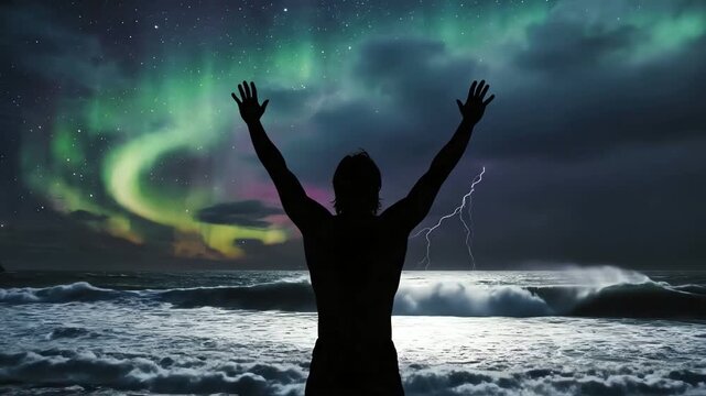 Silhouette of a man standing with arms outstretched under northern lights and lightning