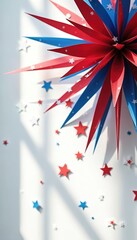 Fototapeta premium Red blue white star burst decoration on wall. Small stars scattered around. Festive background for USA holiday or patriotic event. Bright paper craft.