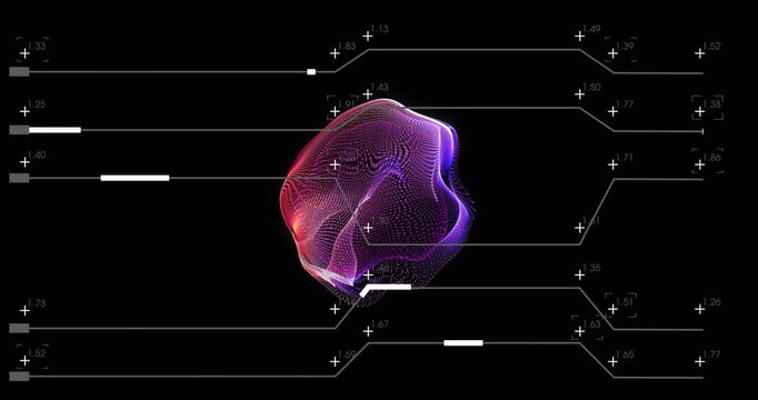 Particle mesh inflating, reshaping in tech HUD sliders moving and code appearing for data analytics