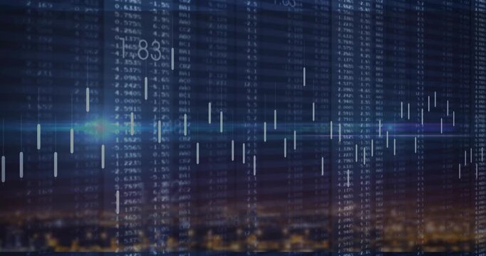 Finance chart shifting candles and numbers over city as blue flare sweeping showing market change