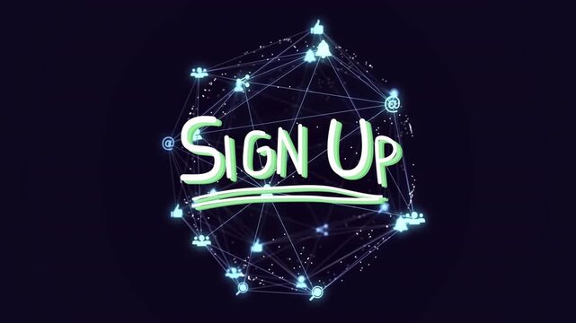 Looping network sphere cycling colors and pulsing thumbs-up and  icons, driving SIGN UP marketing