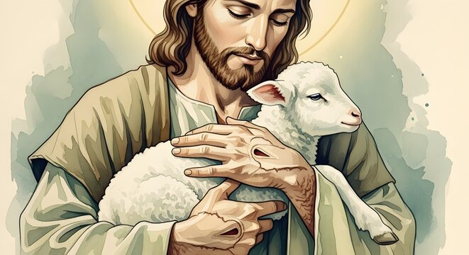 Compassionate Jesus Christ cradling a young lamb in His gentle arms showing scarred hands symbolizing ultimate sacrifice and divine love within a peaceful and spiritual religious artistic setting.