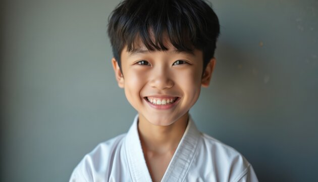 Asian boy in white karate uniform smiles happily. Young martial artist with bright expression looks at camera. Kid wears traditional dobok for practice. Youthful energy and discipline.