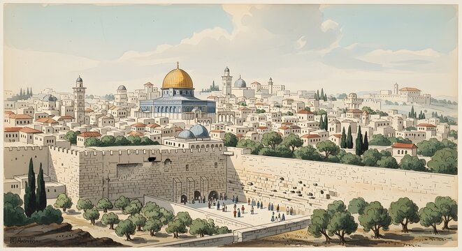 Ancient Jerusalem the Holy City Watercolor Painting Artwork Featuring Vintage Muted Colors with Old World Architecture and Historic Scenic Landscape Atmosphere